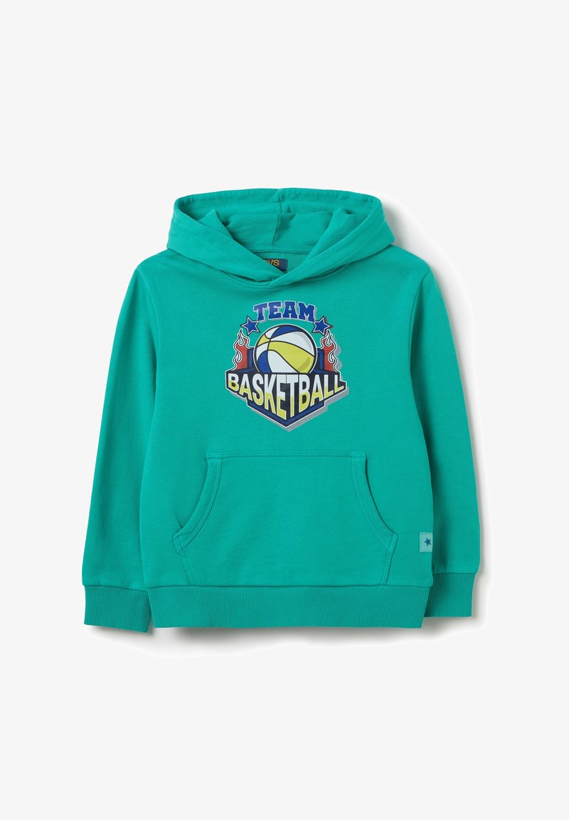 Felpa teal con tasca a marsupio frontale, caratterizzata da una grafica "Team Basketball" e dettagli in fiamme nei colori blu, giallo e nero.