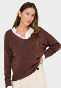 Donna con lunghi capelli castani indossa un maglione marrone a scollatura a V sopra una camicia bianca e pantaloni beige, in posa davanti a uno sfondo semplice.