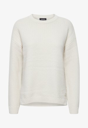 Helles beiges Sweatshirt mit einem strukturierten Muster, gerippten Bündchen und Saum. Verfügt über eine lockere Passform und einen runden Ausschnitt. Markenschild sichtbar innen.