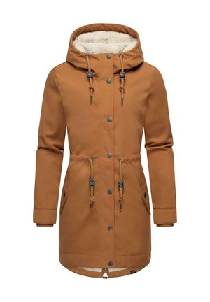 Bruine buitenjas met capuchon, voorzien van een fleece voering, trekkoorden in de taille en drukknoopsluiting.