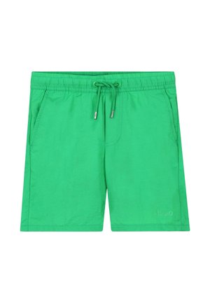 Pantalones cortos verde brillante con cintura elástica y cordón, con bolsillos delanteros y logo sutil en la parte inferior izquierda.