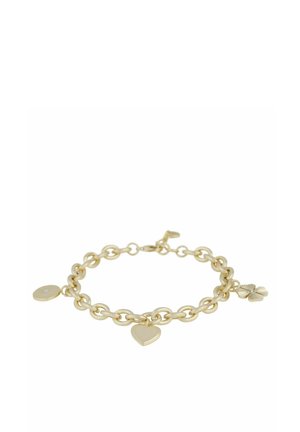 Gold chain bracelet with heart, flower, and round disc charms on a white background.