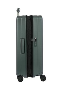 Erweiterbarer dunkelgrüner Hartschalenkoffer mit vier Rollen, verlängertem Reißverschluss, seitlichem Griff und integriertem Zahlenschloss.