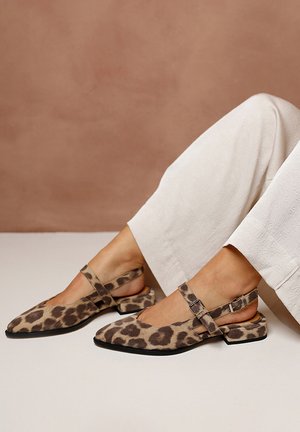 Leopard print slingback shoes with a pointed toe, low block heel, and ankle strap made from soft fabric. Color tones include beige and brown.