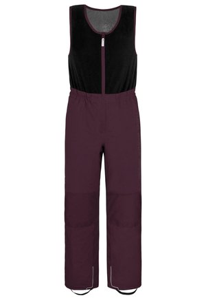 Burgunderfarbene Latzhose mit schwarzem Oberteil, Frontreißverschluss, elastischem Bund und reflektierenden Akzenten. Hergestellt aus strapazierfähigen Materialien mit Taschen an den Beinen.