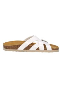 Sandalias blancas de slide con correas cruzadas, plantilla de corcho y suela de goma. Presentan un acento metálico en la correa. Diseño plano y abierto.