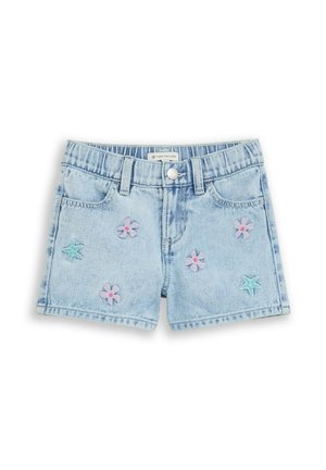 Hellblaue Denim-Kindershorts mit elastischem Bund, vorderer Knopfleiste sowie pinken und türkisfarbenen Blumen- und Sternstickereien.