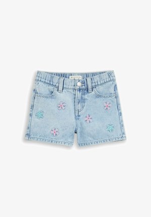 Lichtblauwe denim korte broek voor peuters met elastische tailleband, knoop aan de voorkant en roze en blauwgroene bloem- en sterborduursels.