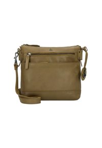 Bolso cruzado de cuero marrón con correa ajustable, cierre superior con cremallera, bolsillo con cremallera en el frente y detalle de charm en forma de ancla. Textura suave y forma rectangular.
