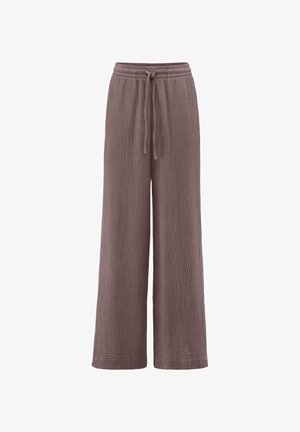 Wijd uitlopende, hooggetailleerde mauve broek met gestructureerde stof en een verstelbare tailleband met trekkoord.