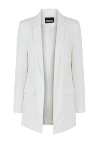 Valkoinen bleiseri, jossa on viillotettu kaulus, pitkät hihat ja kaksi etutaskua. Silkinomainen kangas, joka on istuva ja avoin etupuolelta. Brändilogo näkyvissä.