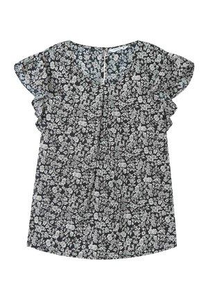 Blusa nera a fiori con motivi floreali bianchi, scollatura a V e maniche a volare. Realizzata in tessuto leggero, con una vestibilità morbida e chiusura posteriore.
