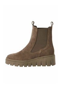 Brown suede ankle boot with a chunky, textured rubber sole, elastic side panels, and pull tabs for easy wear.