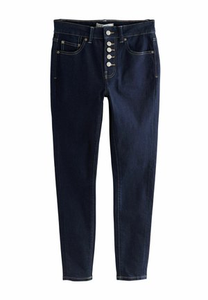 Jeans bleu foncé avec une taille haute, fermeture à cinq boutons sur le devant et deux poches latérales. Le tissu est en denim avec des détails de couture subtils.