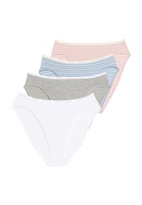 Four pairs of women's underwear: white, gray, pink striped, and blue striped. Soft fabric, elastic waistbands, with "BODY" label on each.