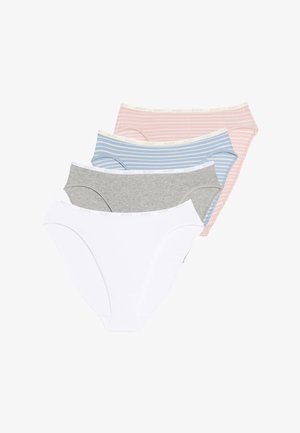 Four pairs of women's underwear: white, gray, pink striped, and blue striped. Soft fabric, elastic waistbands, with "BODY" label on each.
