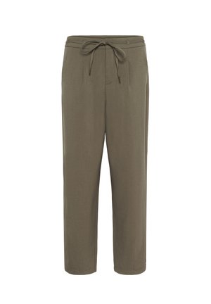 Pantalon vert olive droit avec taille à cordon, plis sur le devant et poches latérales, présenté sur fond blanc.