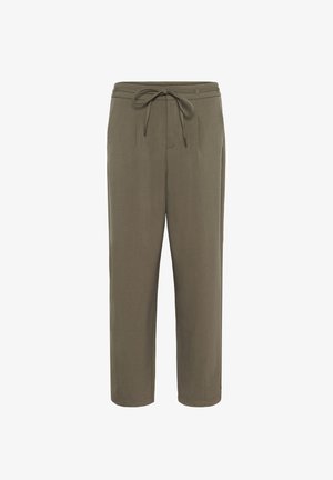 Olivgrüne Hose mit Kordelzugbund, lässiger Passform, zwei Vordertaschen und einer glatten, leichten Textur.