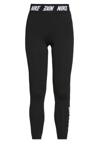 Black leggings made of stretchy fabric with a white Nike logo on the waistband and down the left leg, featuring a close-fitting design.