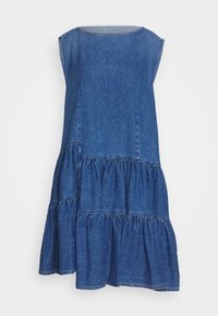 Denimová šaty, s krátkým rukávem, modré, s volánkovým designem ve vrstvách, kulatým výstřihem, hladkou texturou, ležérní siluetou, prošité okraje.