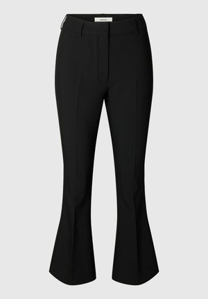 Sorte skreddersydde bukser med lett utsvingt ben, frontpress, linning og skjult frontlukking.