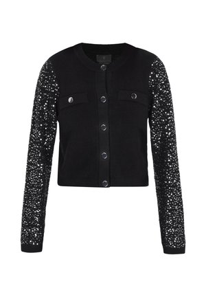 Cardigan negru cu închidere cu nasturi, corp texturat negru și mâneci cu paiete. Dispune de două buzunare la piept și accente cu nasturi argintii.