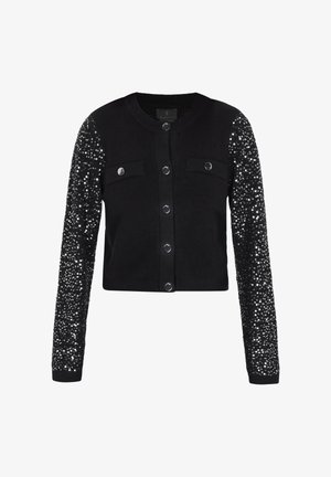 Cardigan negru cu închidere cu nasturi, corp texturat negru și mâneci cu paiete. Dispune de două buzunare la piept și accente cu nasturi argintii.