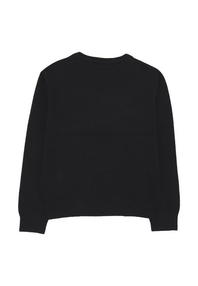 Pullover nero con colletto rotondo, maniche lunghe e trama a maglia. Il retro è semplice con orlo aderente in vita.