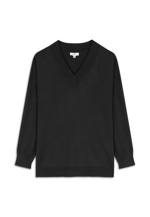 V-neck black sweater with long sleeves and ribbed cuffs. Made of soft fabric with a relaxed fit, featuring horizontal ribbing at the hem.