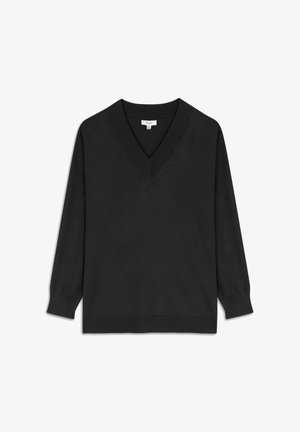 V-neck black sweater with long sleeves and ribbed cuffs. Made of soft fabric with a relaxed fit, featuring horizontal ribbing at the hem.