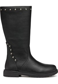 Bottes noires montantes en simili cuir avec une texture lisse, accents cloutés sur le haut et un détail festonné sur le côté.