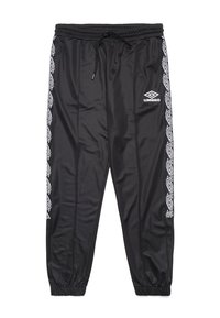 Pantalones de chándal de nylon negros con cinturilla elástica, cordón y puños cónicos. Patrón geométrico blanco a lo largo de las costuras laterales, con logo.
