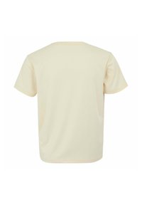 Camiseta de manga corta color crema hecha de tela suave, con un ajuste relajado y un simple cuello redondo sin costuras. Vista trasera mostrada.
