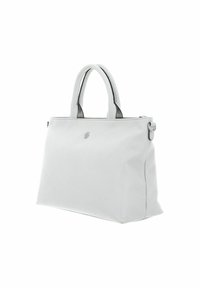 Borsa tote in ecopelle bianca con due manici superiori, chiusura a zip e un piccolo emblema sul fronte. Texture liscia e forma strutturata.