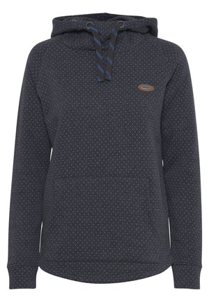 Hoodie gris foncé avec des pois bleus, capuche avec cordon de serrage réglable et poche avant. Présente un ourlet arrondi et des poignets côtelés. Logo de la marque présent.