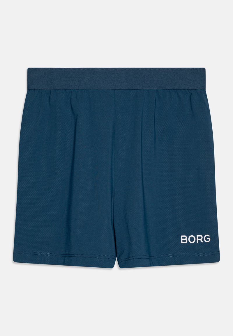 Námořnické modré sportovní šortky vyrobené z lehkého síťového materiálu, s elastickým pasem a bílým logem "BORG" na dolní pravé straně.