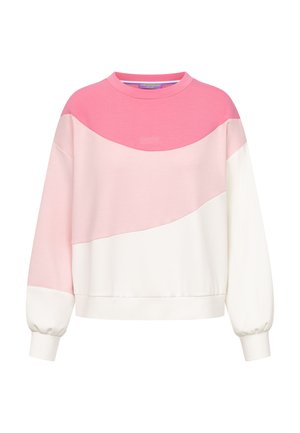 Sweatshirt met ronde hals, lange mouwen en kleurvlakken in roze, lichtroze en wit, met elastische manchetten en een klein geborduurd logo op de borst.