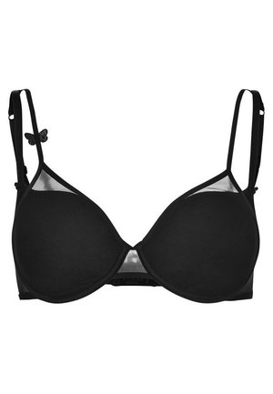 Soutien-gorge rembourré noir avec des détails en maille, bretelles réglables, et un petit accent en forme de papillon sur la bretelle gauche. Texture lisse, design avec armatures.