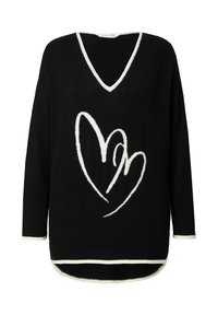 Schwarzer Strickpullover mit V-Ausschnitt und langen Ärmeln. Verfügt über einen weißen kontrastierenden Rand und ein mutiges abstraktes weißes Design auf der Vorderseite.