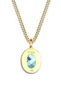 Goudvergulde hangerketting met een blauw geslepen edelsteen en gravures van "925" en "Ag" aan een gestructureerde ketting.