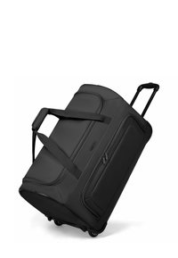 Borsa da viaggio nera con ruote, dal finish opaco e texture, dotata di due manici laterali, un manico estraibile e una tasca frontale con zip.