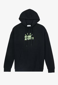 Sudadera negra con capucha, que cuenta con un bolsillo frontal y un audaz diseño gráfico luminiscente de 'BLOOD APPETITE' en el pecho.