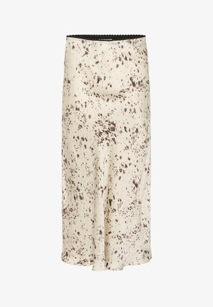Midi skirt in cream fabric with brown splatter pattern, featuring a fitted waist and slight flare towards the hem. Smooth texture, versatile design.