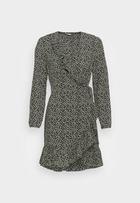 Green dress with black animal print, long sleeves, ruffled neckline, and flared hem. Lightweight fabric with a wrap design.