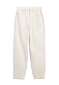 Krämmfärgade denimjeans med lös passform, fem fickor, koppardetaljer och tonalt stygn. Har en knappstängning och bältesöglor.