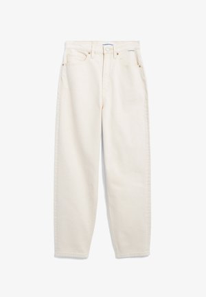 Jeans in denim color crema con una vestibilità ampia, cinque tasche, hardware in rame e cuciture tonali. Presentano una chiusura con bottone e passanti per cintura.