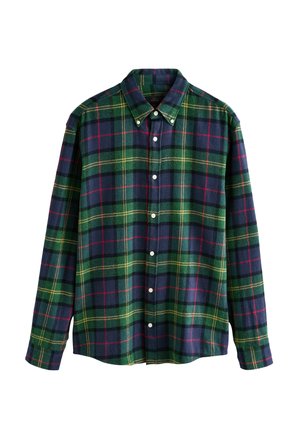 Dlouhá rukávová košile s knoflíky, s kostkovaným vzorem v zelené, modré, žluté a �červené barvě na bílém pozadí.