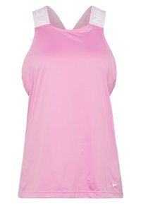 Top deportivo rosa fabricado con una tela suave, con escote redondeado, tirantes cruzados con la marca "NIKE" y un pequeño logo en el dobladillo.