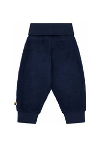 Navyblaue Fleecepants mit einem elastischen Bund, gerippten Knöchelbündchen und einem kleinen, bunten Etikett auf der linken Seite. Weiche Textur.