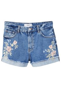 Shorts en denim avec un ourlet effiloché, couleur bleu clair, ornés d’une broderie florale rose et verte sur le devant. Conception à cinq poches.